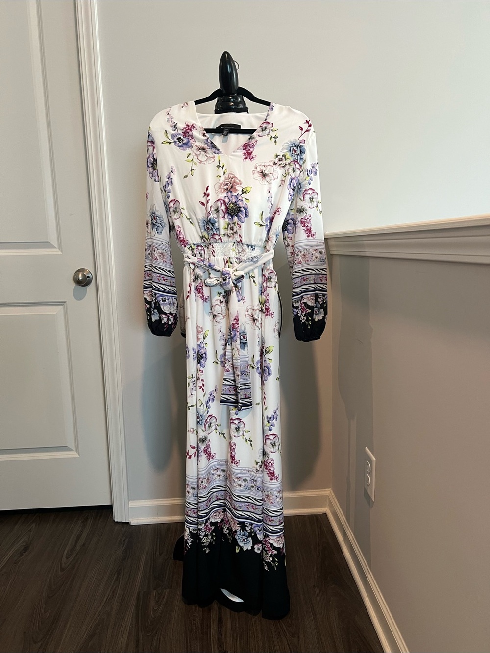 White House Black Market White Floral Maxi Dress with Black Trim